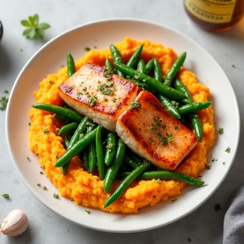 Seared Salmon with Garlic Green Beans and Sweet Potato Mash