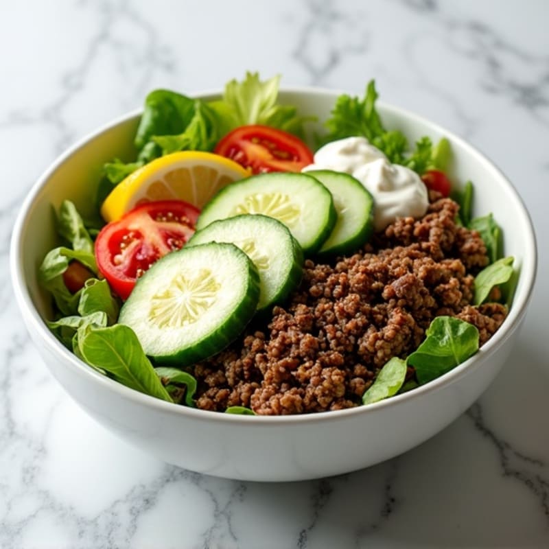 Lean Ground Beef and Fresh Greens Bowl with Creamy Tangy Dressing