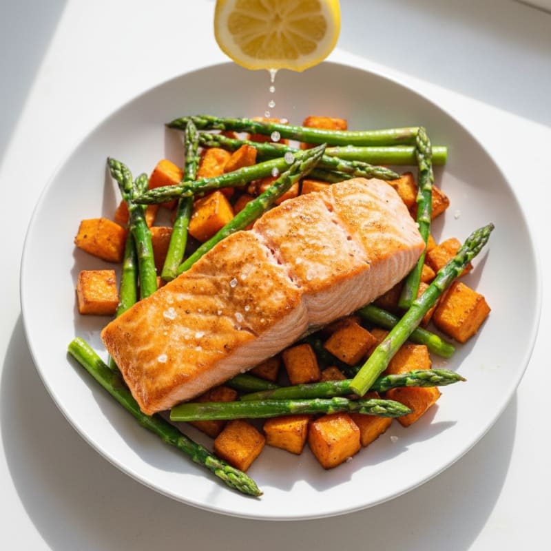 Seared Salmon with Roasted Sweet Potatoes and Asparagus