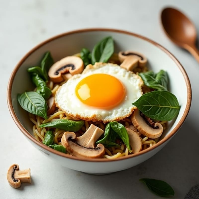Egg and Spinach Breakfast Noodles with Sautéed Mushrooms