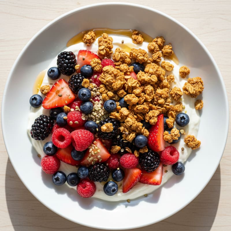 Silky Greek Yogurt Bowl with Mixed Berries and Protein Granola
