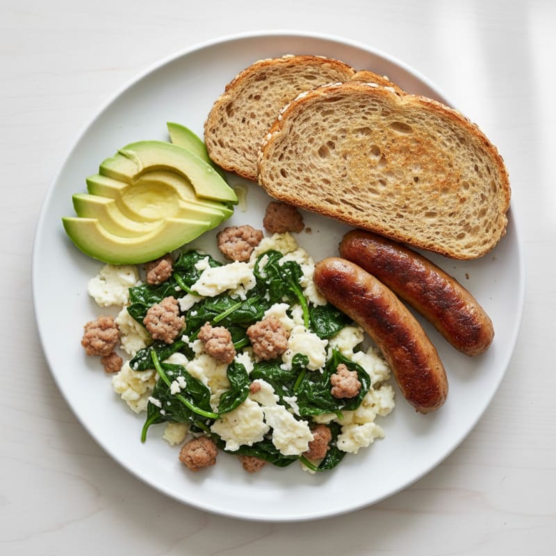Egg White Scramble with Turkey Sausage and Sautéed Spinach