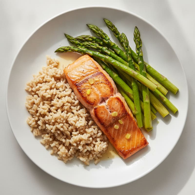Seared Salmon Fillet with Steamed Asparagus and Brown Rice