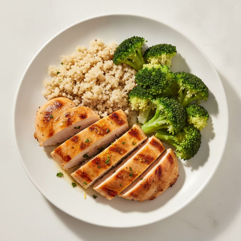 Grilled Lemon Garlic Chicken Breast with Quinoa and Steamed Broccoli