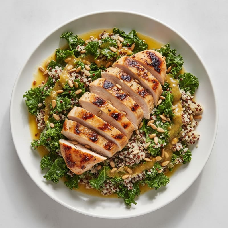 Grilled Chicken Breast with Kale Quinoa Salad and Lemon Vinaigrette