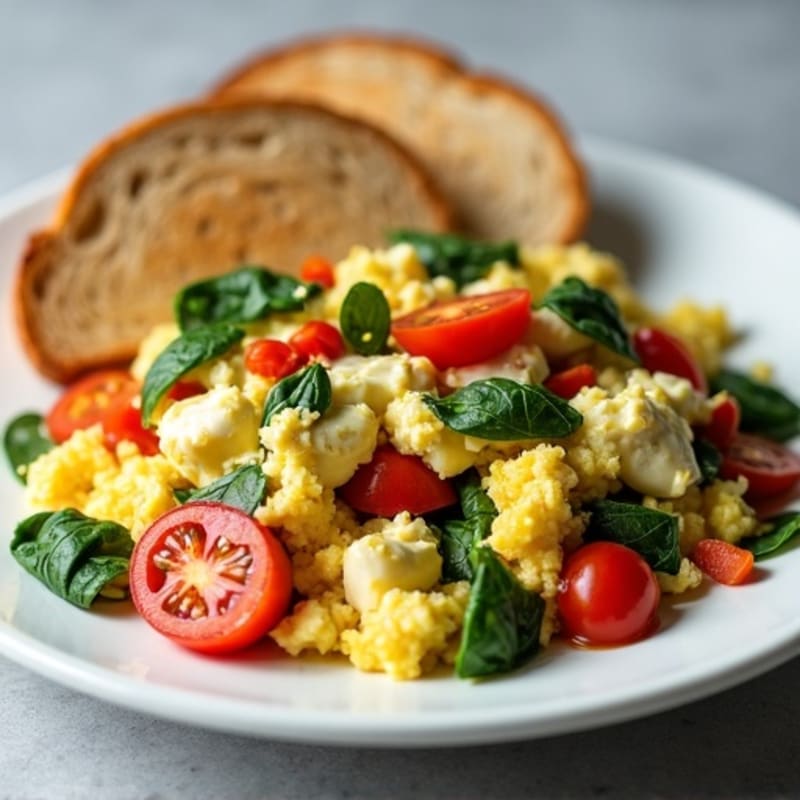 Egg White Veggie Scramble with Cottage Cheese and Fresh Spinach