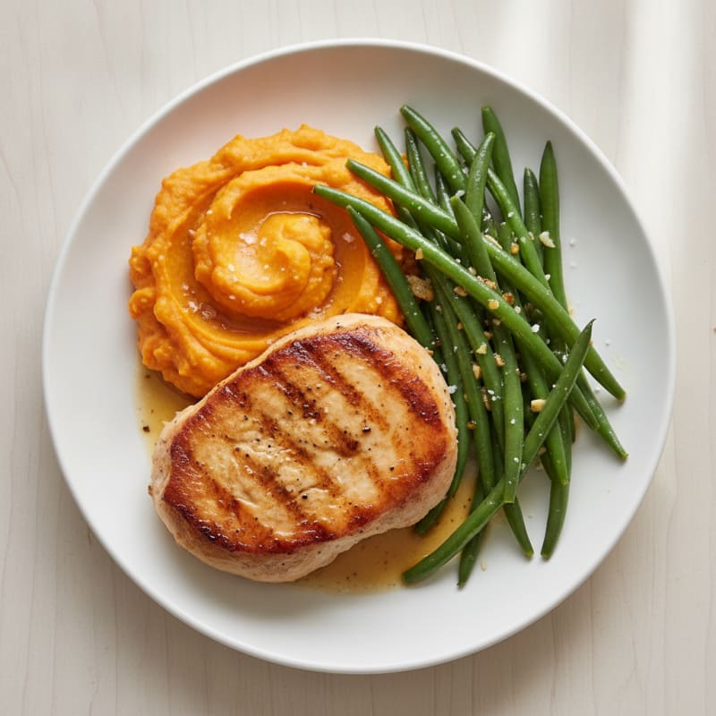 Seared Turkey Breast with Garlic Green Beans and Sweet Potato Mash