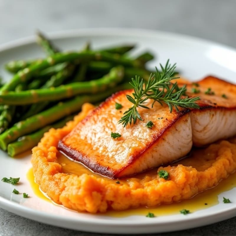 Seared Salmon with Steamed Asparagus and Sweet Potato Mash