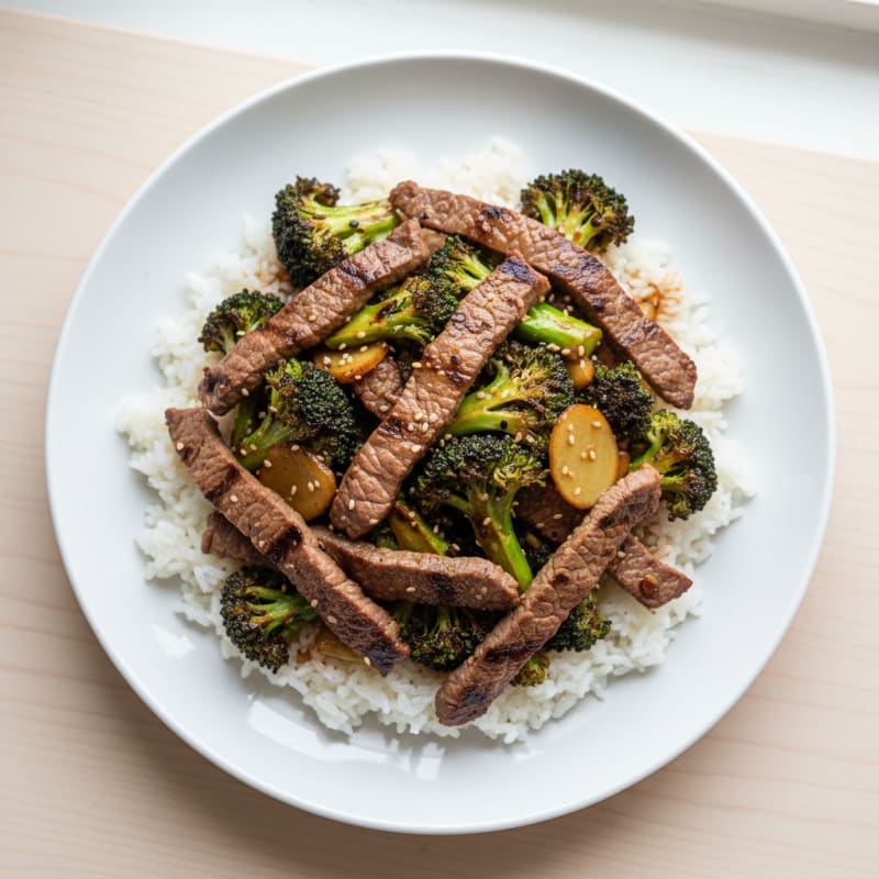 Grilled Beef and Broccoli Stir-Fry with Steamed Rice