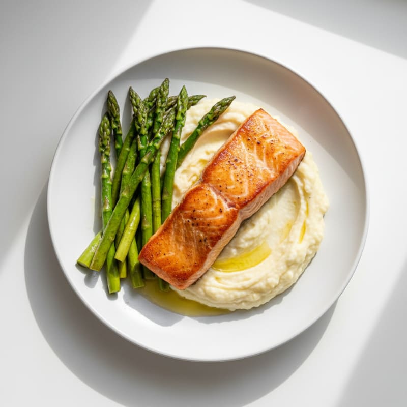 Seared Salmon with Roasted Asparagus and Cauliflower Mash