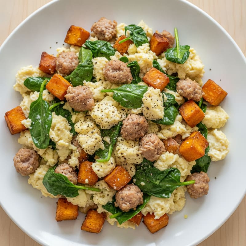 Egg White Scramble with Turkey Sausage and Spinach