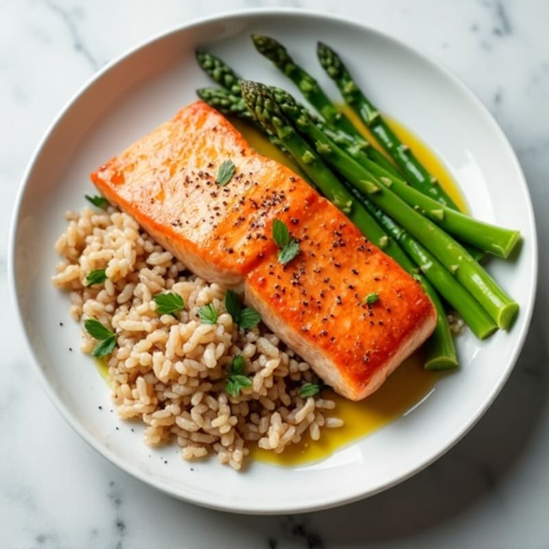 Seared Salmon Fillet with Steamed Asparagus and Brown Rice
