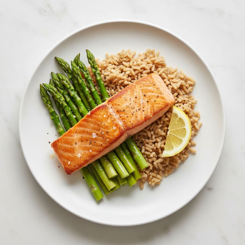 Seared Salmon with Steamed Asparagus and Brown Rice