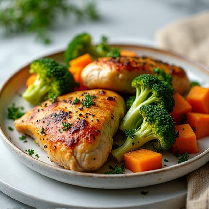 Herb-Roasted Chicken with Crispy Broccoli and Sweet Potatoes