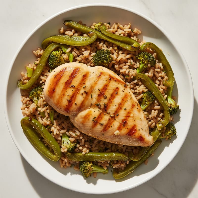 Grilled Chicken Breast with Broccoli Rice and Roasted Green Peppers