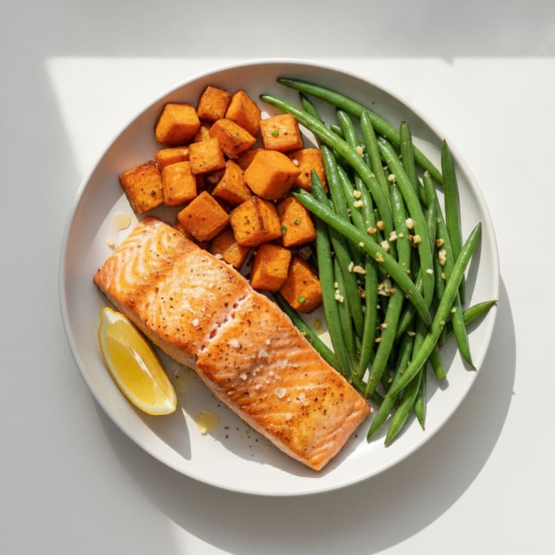 Seared Salmon with Roasted Sweet Potato and Garlic Green Beans