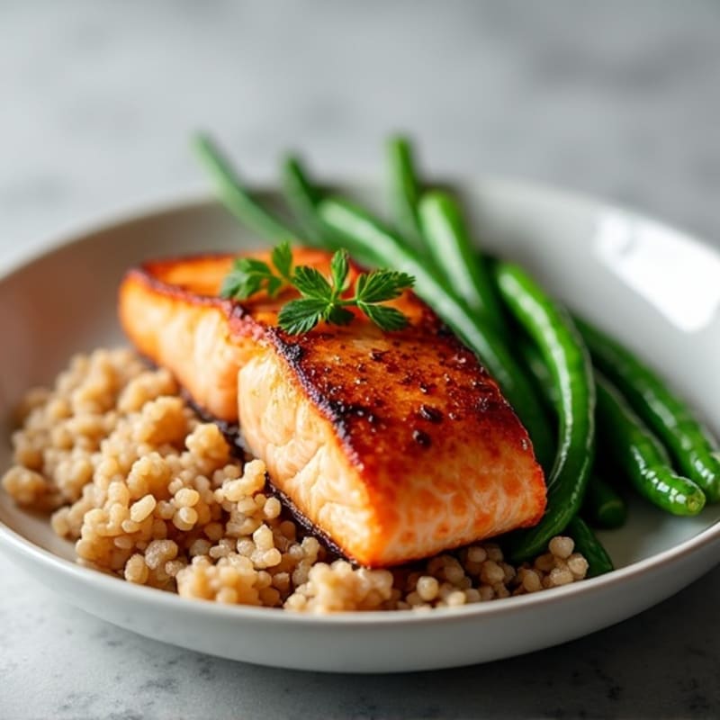 Seared Salmon with Steamed Green Beans and Brown Rice