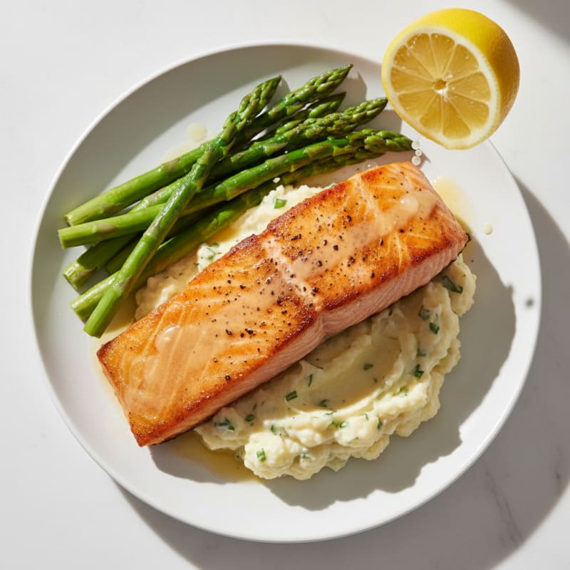 Seared Salmon with Steamed Asparagus and Garlic Mashed Cauliflower