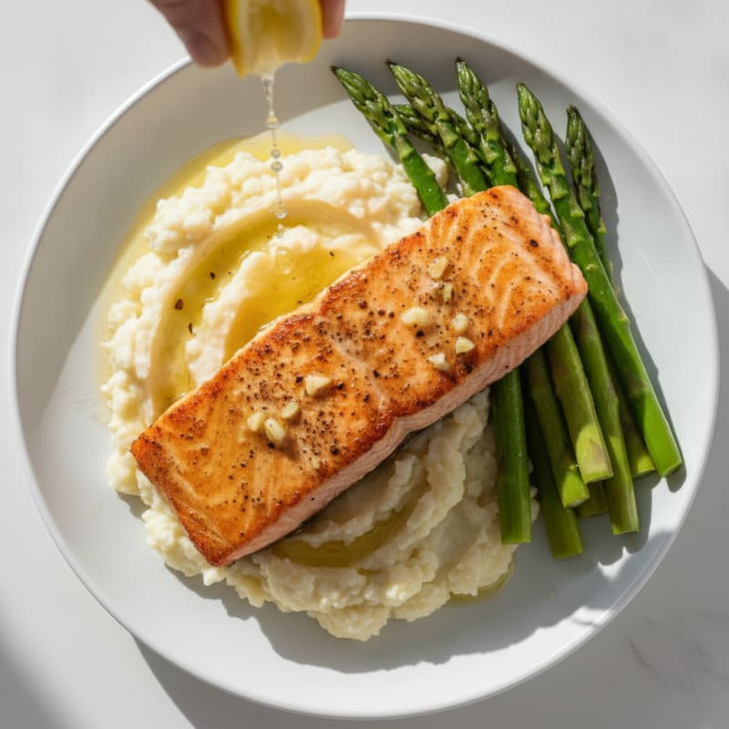 Seared Salmon with Steamed Asparagus and Mashed Cauliflower