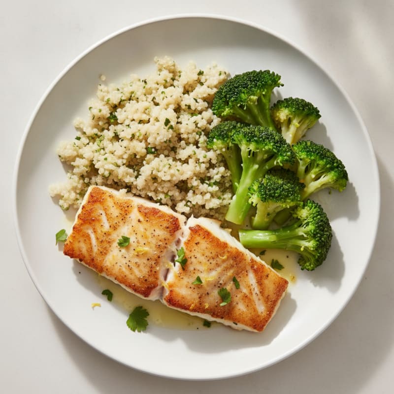 Seared Cod with Steamed Broccoli and Quinoa