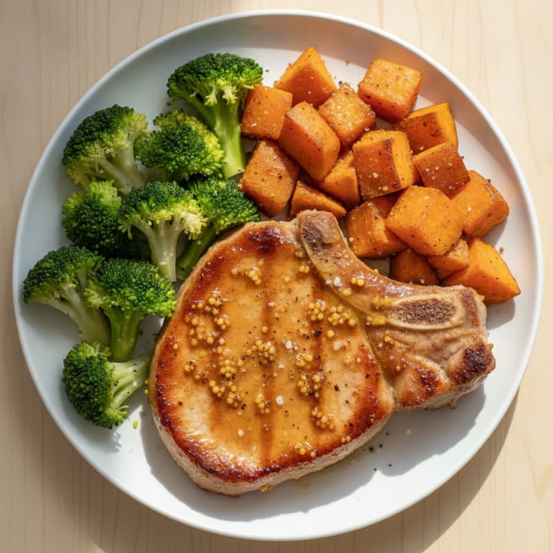 Glazed Pork Chop with Roasted Sweet Potatoes