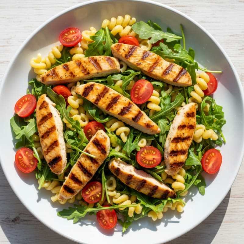 Grilled Chicken Pasta Salad with Cherry Tomatoes and Arugula