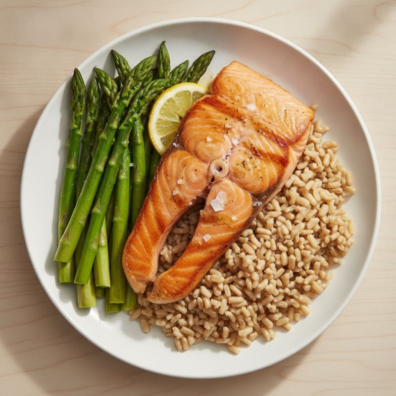 Seared Salmon with Steamed Asparagus and Brown Rice