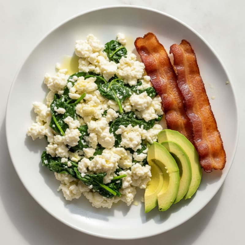 Cottage Cheese Egg White Scramble with Spinach and Turkey Bacon