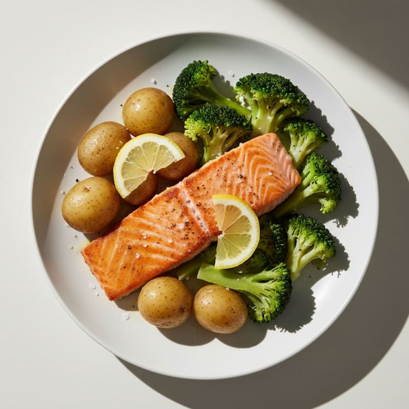 Seared Salmon with Steamed Potatoes and Broccoli