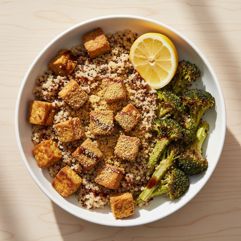 Crispy Tempeh Power Bowl with Quinoa and Roasted Broccoli