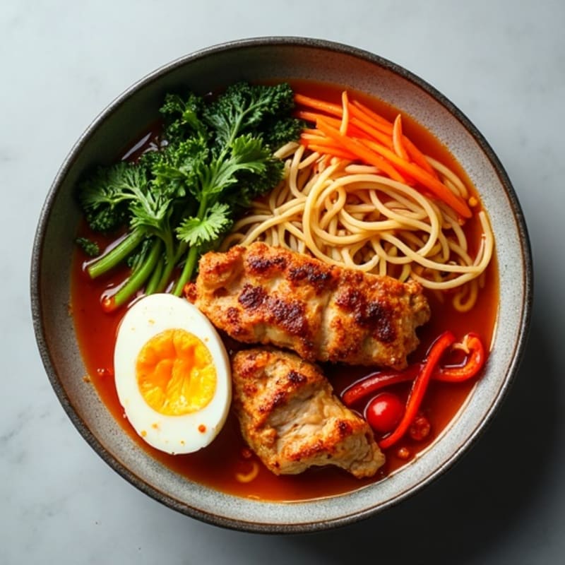 High-Protein Spicy Sriracha Chicken and Crispy Vegetable Ramen