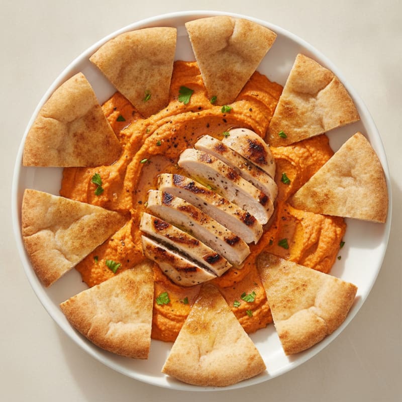 Roasted Red Pepper Hummus with Grilled Chicken and Toasted Pita