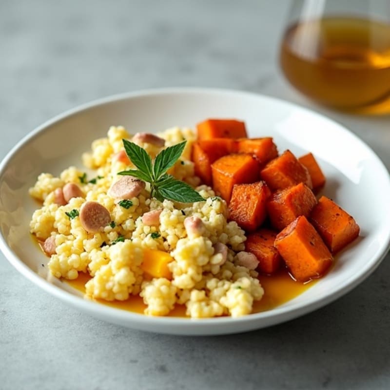 Egg White and Ground Pork Scramble with Roasted Japanese Sweet Potatoes