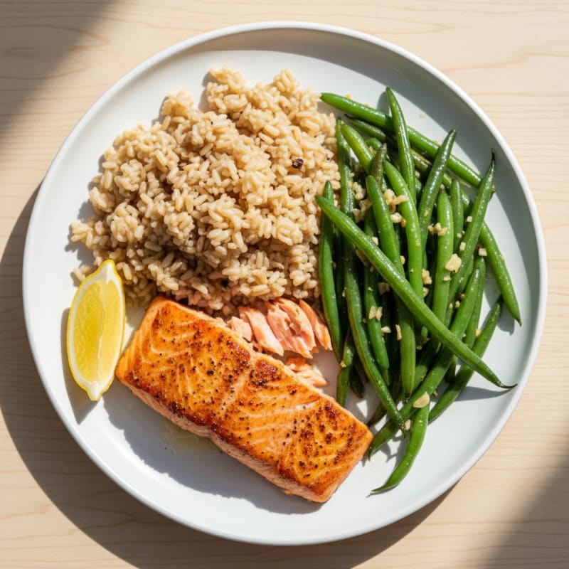 Seared Salmon with Garlic Green Beans and Brown Rice