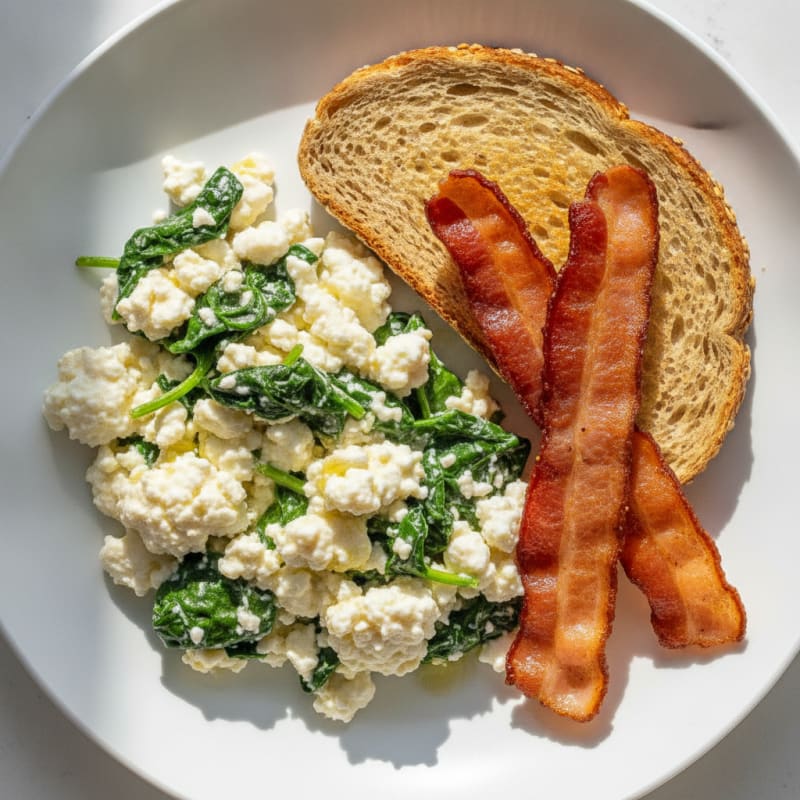 Cottage Cheese Egg White Scramble with Spinach and Turkey Bacon