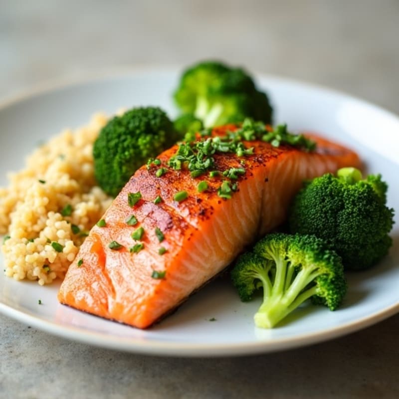 Seared Salmon with Steamed Broccoli and Quinoa
