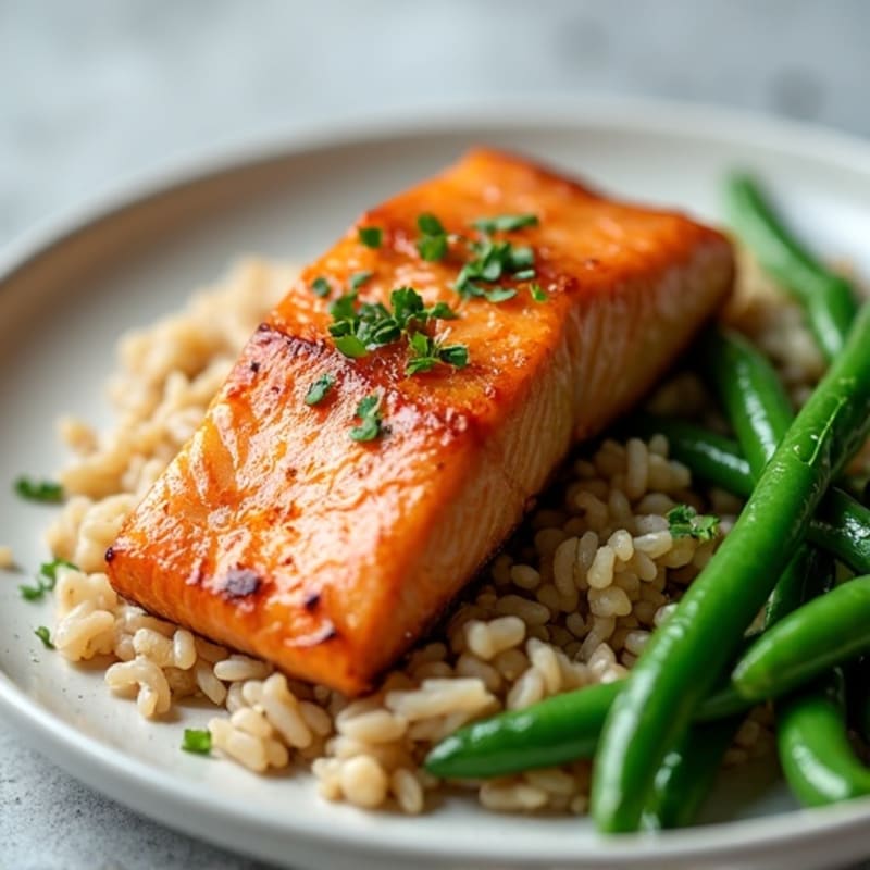 Seared Salmon with Garlic Green Beans and Brown Rice