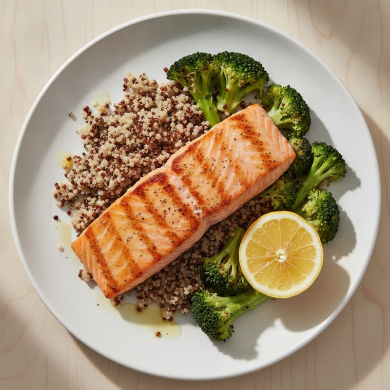 Seared Salmon Fillet with Steamed Broccoli and Quinoa