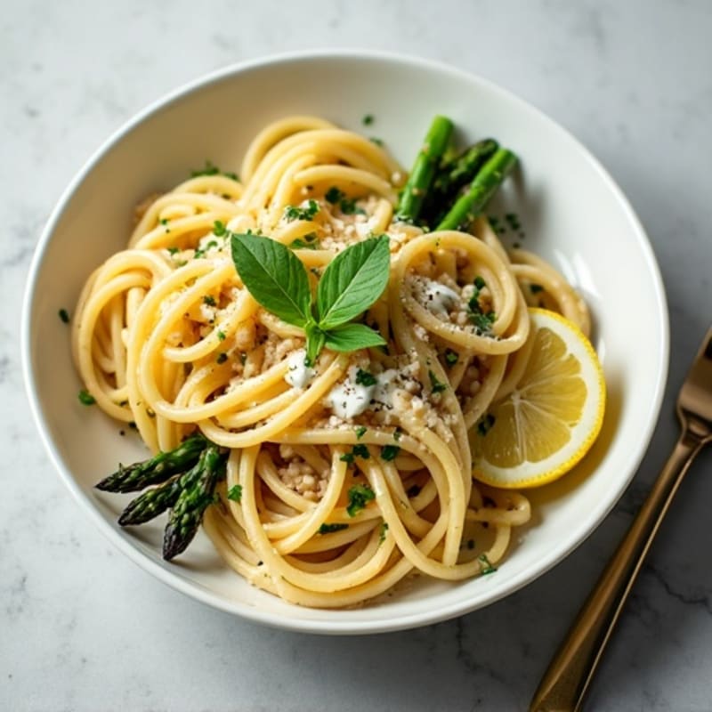 Creamy Lemon Herb Chickpea Pasta with Roasted Asparagus