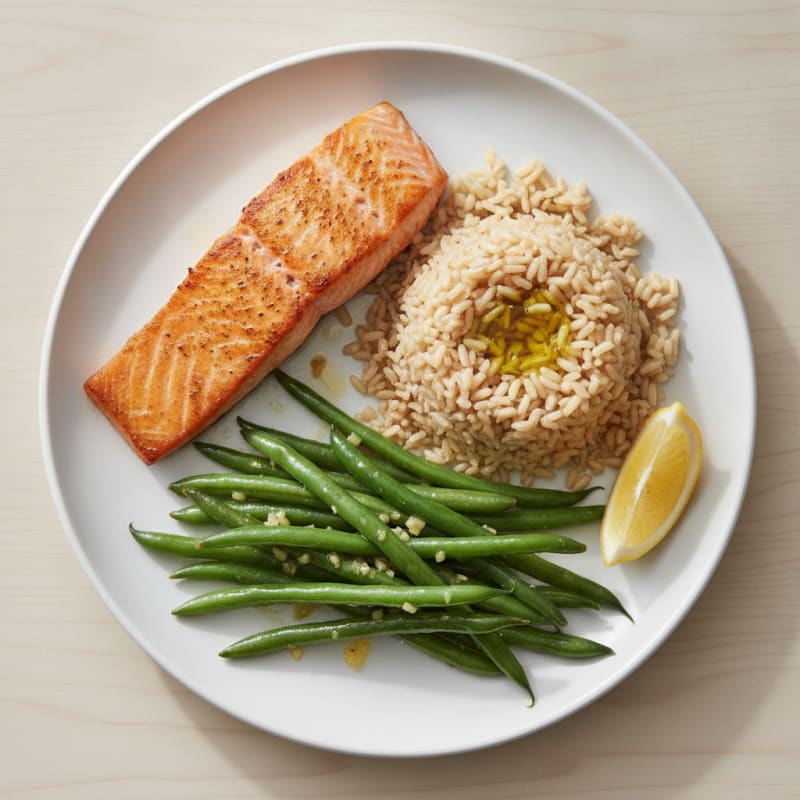 Seared Salmon with Garlic Green Beans and Brown Rice