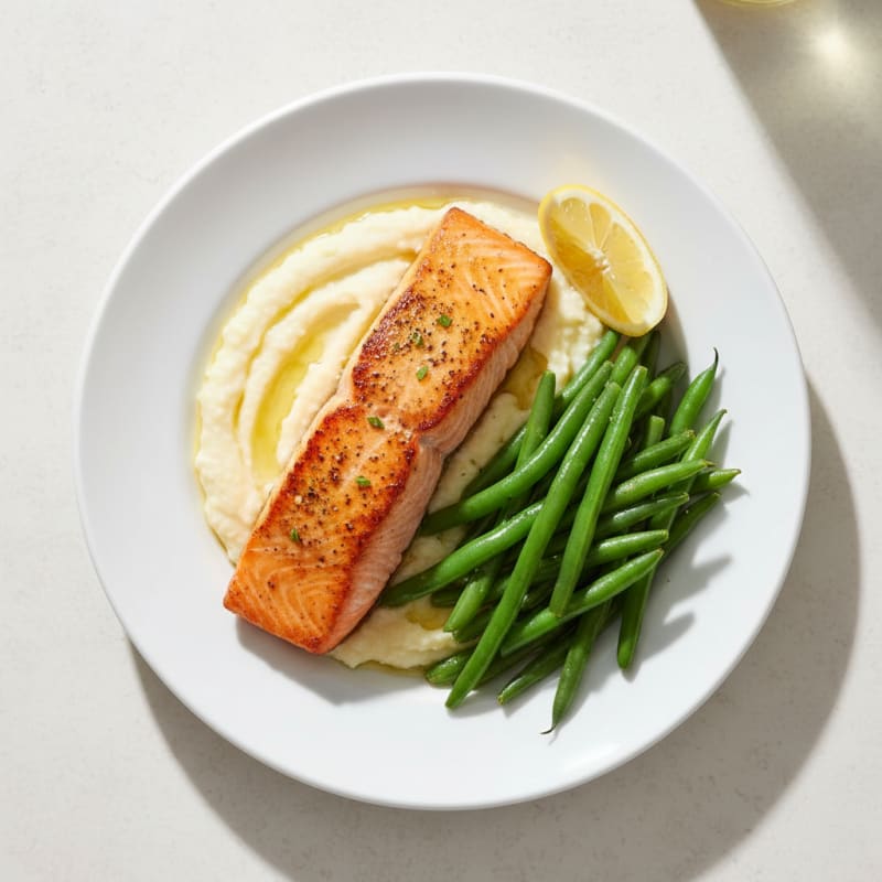 Seared Salmon with Steamed Green Beans and Cauliflower Mash