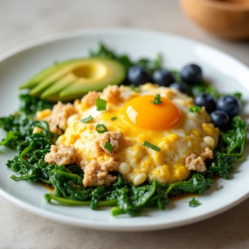 Egg and Chicken Scramble with Sautéed Spinach and Avocado