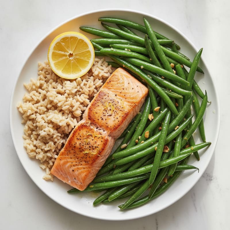 Seared Salmon with Garlic Green Beans and Brown Rice
