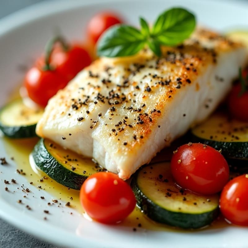 Seared Cod with Roasted Zucchini and Red Pepper