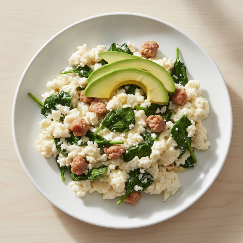 Egg White Scramble with Turkey Sausage and Sautéed Spinach