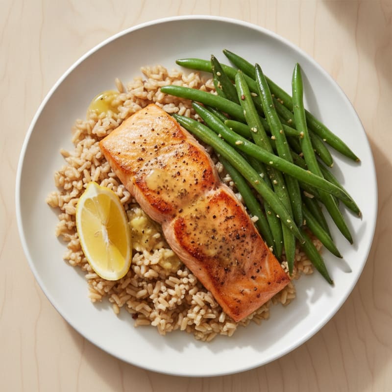 Seared Salmon Fillet with Garlic Green Beans and Brown Rice