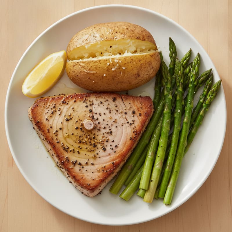 Seared Tuna with Baked Potato and Asparagus