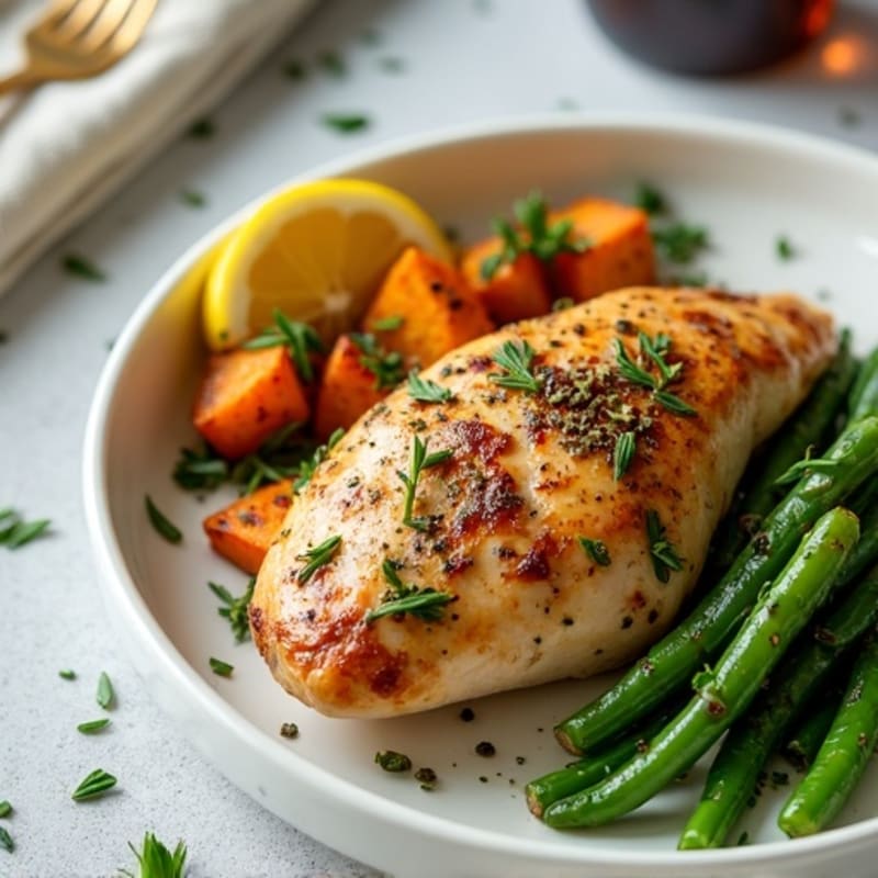 Lemon-Herb Roasted Chicken with Crispy Roasted Sweet Potatoes and Green Beans