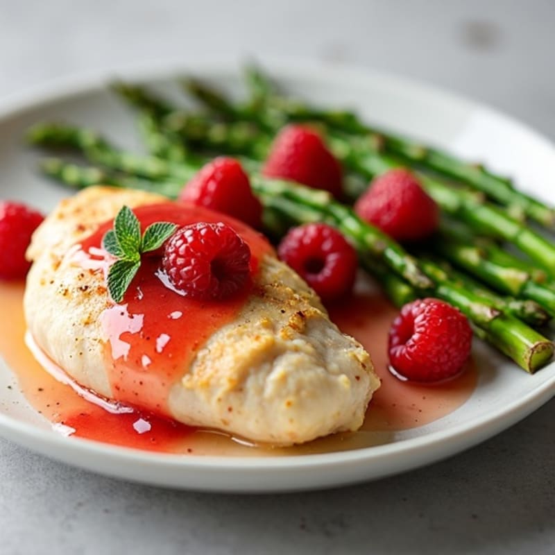 Creamy Lemon Garlic Chicken with Roasted Asparagus and Fresh Raspberry Vinaigrette