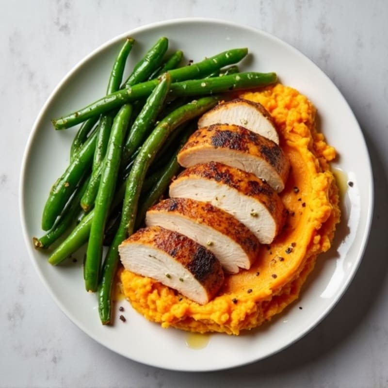 Seared Turkey Breast with Garlic Green Beans and Sweet Potato Mash